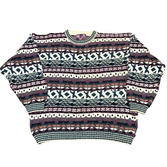 Concrete Mix Vintage Grandpa Sweater Coogi Style Large Ramie Cotton Purple Blue - Picture 1 of 5